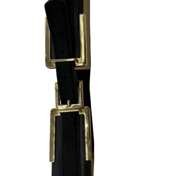 Ann Taylor Black Pony Hair & Leather Elastic Back Belt Gold Hardware Size M/L main image 6